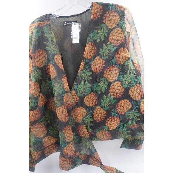 NWT NY& C Pineapple Print Wrap Tropical Blouse Organza V-Neck Puff Sleeve Sz XXL - Picture 4 of 9